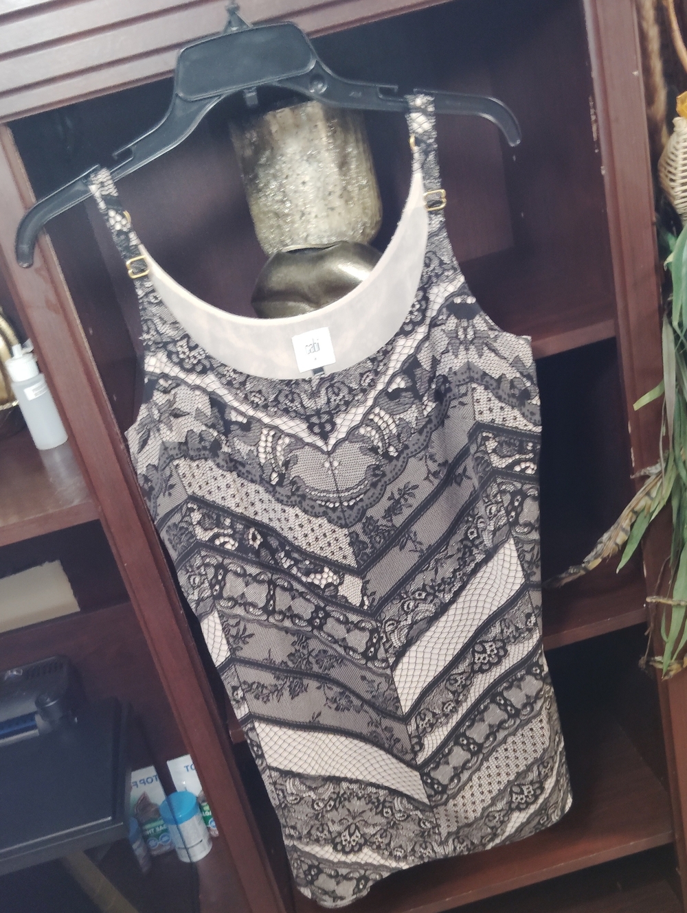 CAbi Black Lace-Patterned Camisole with Cream Lining